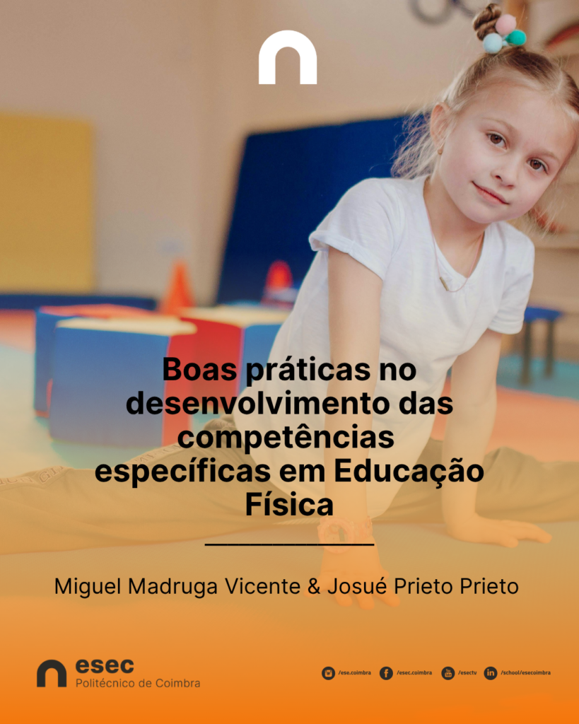 Cartaz com informação textual e uma criança a fazer alongamentos